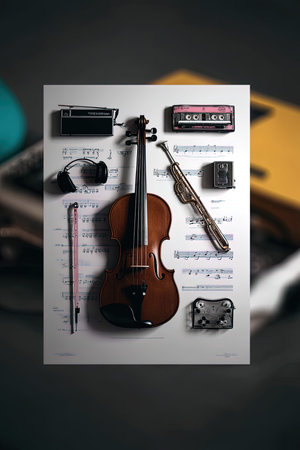 violin and musical instruments on a sheet of paper with music notes