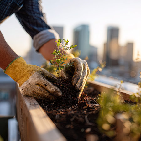 Close-up of a gardener's hands planting a seedling on a balcony