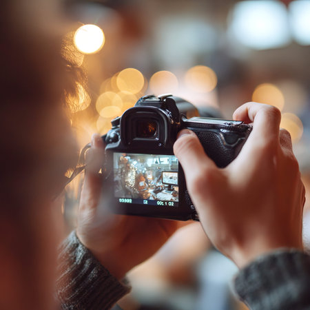 Cropped image of female photographer taking picture with digital camera on blurred background