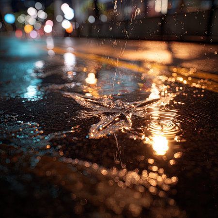 Rain drops on the wet asphalt with blurred city lights in the background