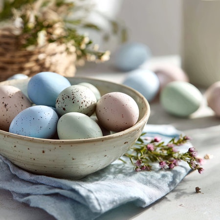 Easter eggs painted in pastel colors in a bowl on a light background