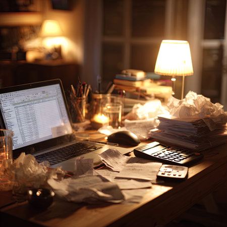 Workplace with laptop, calculator, books and crumpled paper