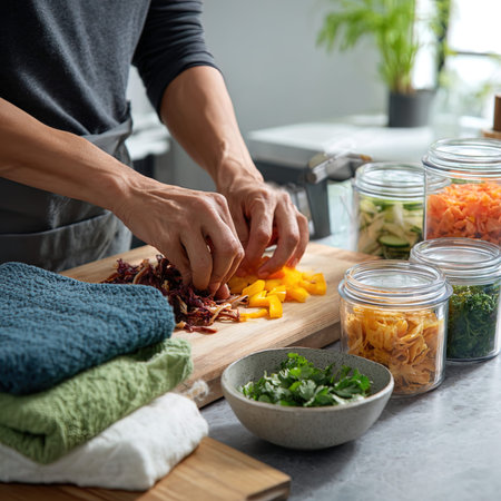 Close up of man's hands cutting vegetables on cutting board in kitchen