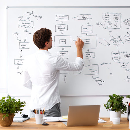 man writing on whiteboard at office with laptop and blackboard
