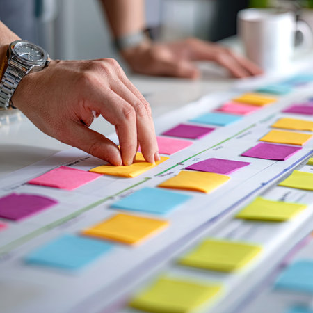 Close-up of businesswoman's hand working with colorful sticky notes