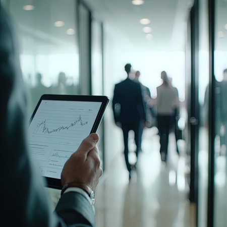Businessman analyzing financial data on digital tablet. Business people in the background