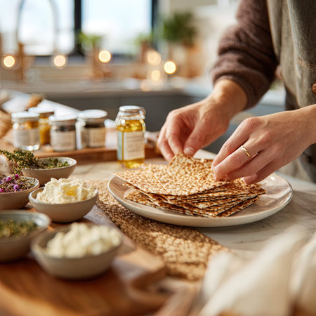 Close up of female hands preparing matzos