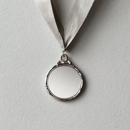 Silver medal with ribbon on white background. Top view. Copy space.