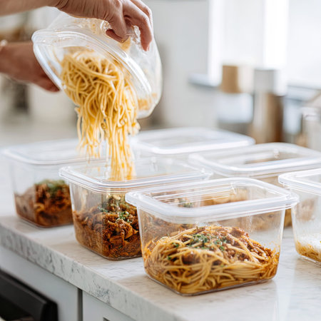 Close-up of woman holding plastic container with instant noodles in kitchen