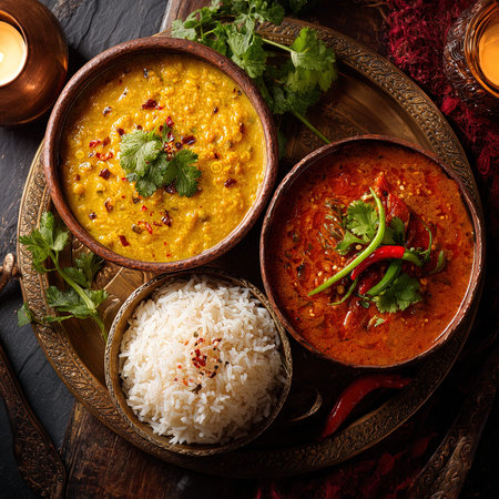 Indian Curry Dishes with Rice - Traditional Asian Cuisine