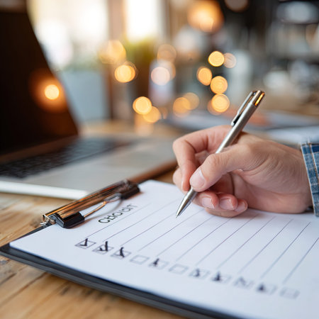 Hand writing on checklist document at workspace with warm bokeh lights
