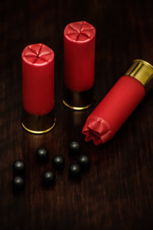 Red shotgun shells on a wooden surfaceの写真素材