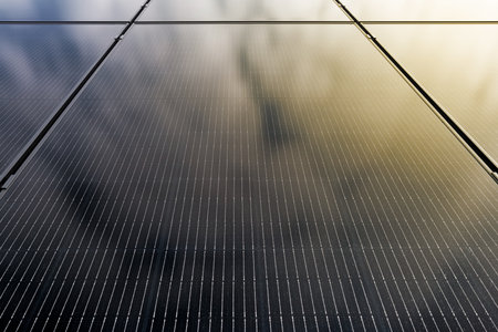 Solar panels photovoltaic power station. Alternative sources of electricity. Green and clean energy powerの写真素材