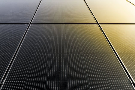 Solar panels photovoltaic power station. Alternative sources of electricity. Green and clean energy powerの写真素材