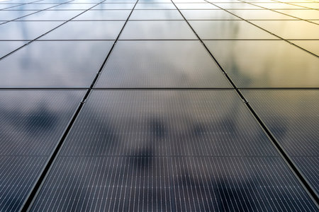 Solar panels photovoltaic power station. Alternative sources of electricity. Green and clean energy powerの写真素材