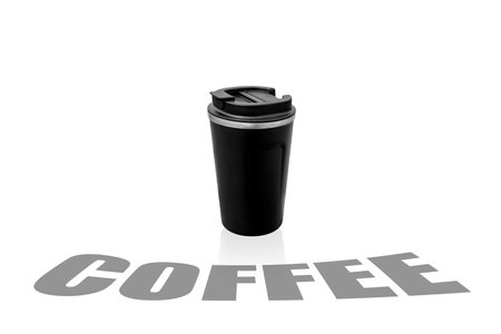 Black thermo cup for coffee on a white background. Hot drink thermos mugの写真素材