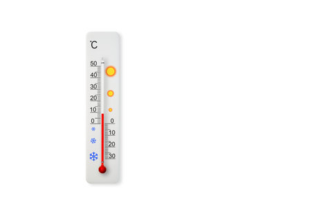 White celsius scale thermometer isolated on white background. Ambient temperature plus 9 degrees...