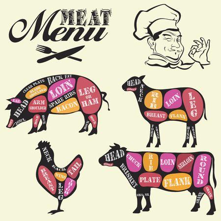Meat menu. Set of butcher shop labels and design elementsnのイラスト素材