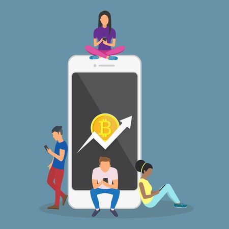 Buy bitcoin. Online crypto payment concept. Pay per click by virtual currency. Flat vector for business, web bannersのイラスト素材