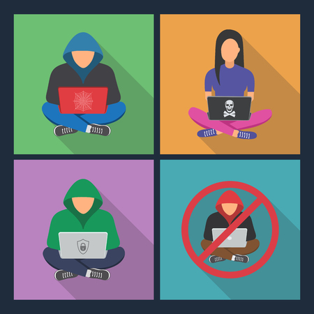 Hackers with laptop icon set.のイラスト素材
