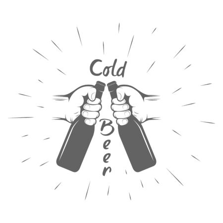 Two hands with thumbs up symbol icon of cold beer bottle. Retro.のイラスト素材