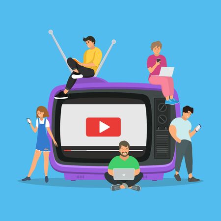 Young people located next to retro TV using mobile gadgets, tablet pc for live watching a video via internet.Video. Flat design.のイラスト素材
