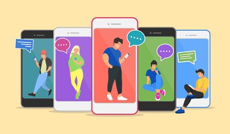 Chat illustration of young people using mobile gadgetsのイラスト素材