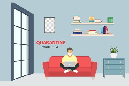 A young businessman works with a laptop on the couch during quarantine.Vector illustration.のイラスト素材