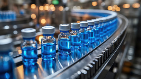 Row of blue vials on conveyor belt in pharmaceutical manufacturing facilityの素材