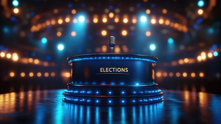Empty debate stage with microphone under blue lights for upcoming electionsの素材