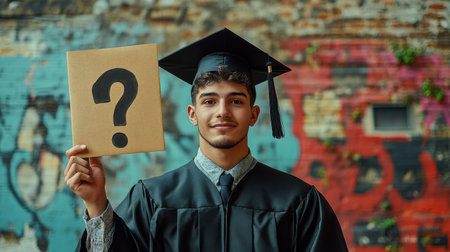 Young middle eastern man in graduation gown holding question mark sign outdoorsの素材