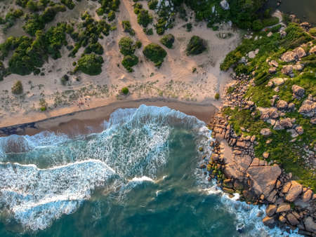 Tropical beach in Sri Lanka with boats from aboveの写真素材