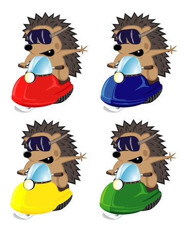 set of funny hedgehogs on snowmobilesのイラスト素材