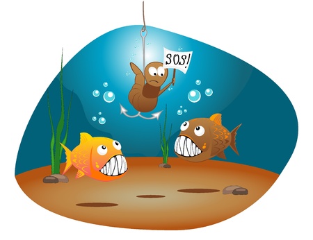 vector illustration of hungry fishes and worm with a tabletのイラスト素材