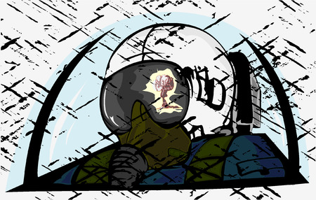 pilot with the reflection of nuclear explosion on a helmet. grunge vectorのイラスト素材