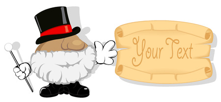 funny cartoon gentleman with empty sheet of paper scroll on the wall. のイラスト素材