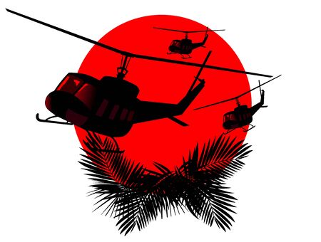 silhouettes of military helicopters on a background of red sun. のイラスト素材