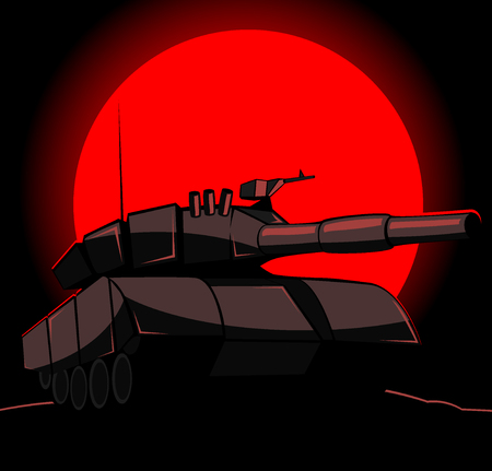 silhouette of tank on a background of red sun. のイラスト素材