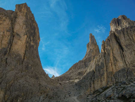 Beautiful views and panorama in the rocky Dolomites of Italyの写真素材