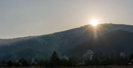 Mountain view from tv antenna at sunsetの写真素材