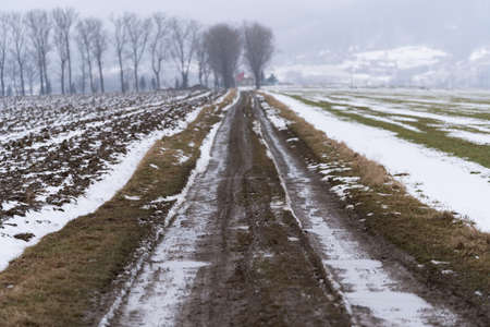 Mud field road running through snowy fields in late winterの写真素材