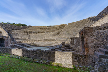 Panoramic view of the ruins of an ancient stone amphitheaterの写真素材