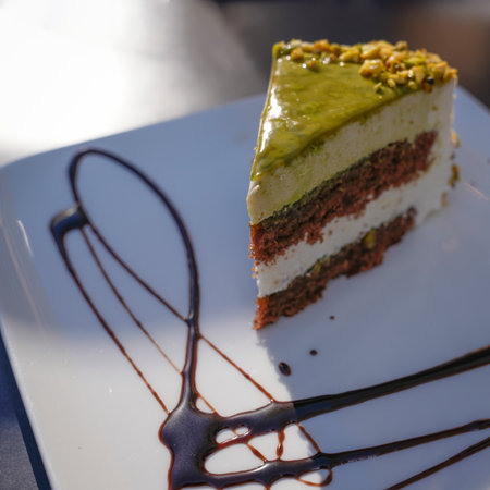 A beautiful piece of chocolate pistachio cake on a chocolate decorated plateの写真素材