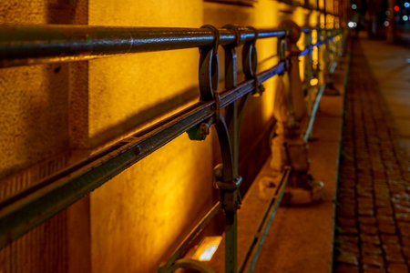 An old forged metal barrier protecting a historic building illuminated at nightの写真素材