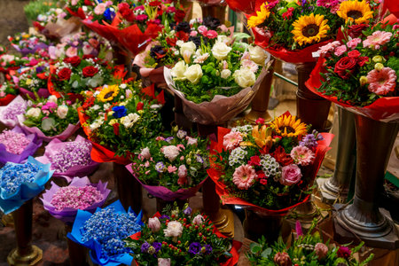 Stalls with colorful bouquets of flowers for sale