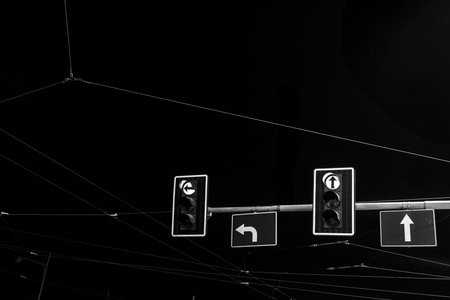 Nighttime black and white view of traffic lights and signs with electric wires