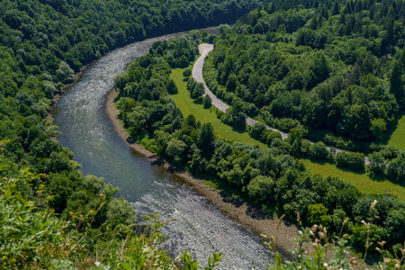 Winding river and parallel road cutting through a dense green forest, seen from above.