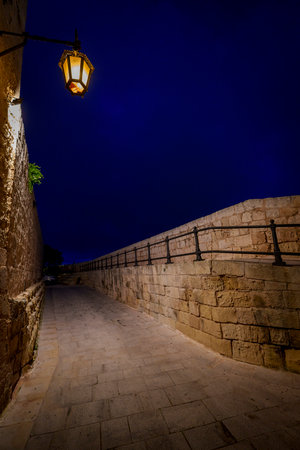 A single warm street lamp hangs above a long limestone rampart with iron balustrade, receding into a rich indigo night sky.の写真素材