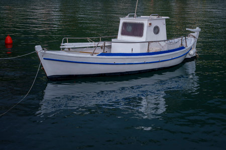 A compact white and blue fishing boat floats quietly on rippling harbor water, casting a soft...