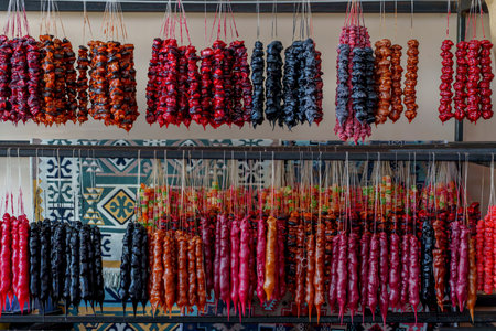 Assorted Georgian churchkhela nut sweets hanging in dense rows against decorative tiled market wallの写真素材